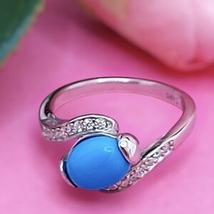 Natural Oval Blue‎ Turquoise 8x6mm & Cz 925 Sterling Silver Ring 6